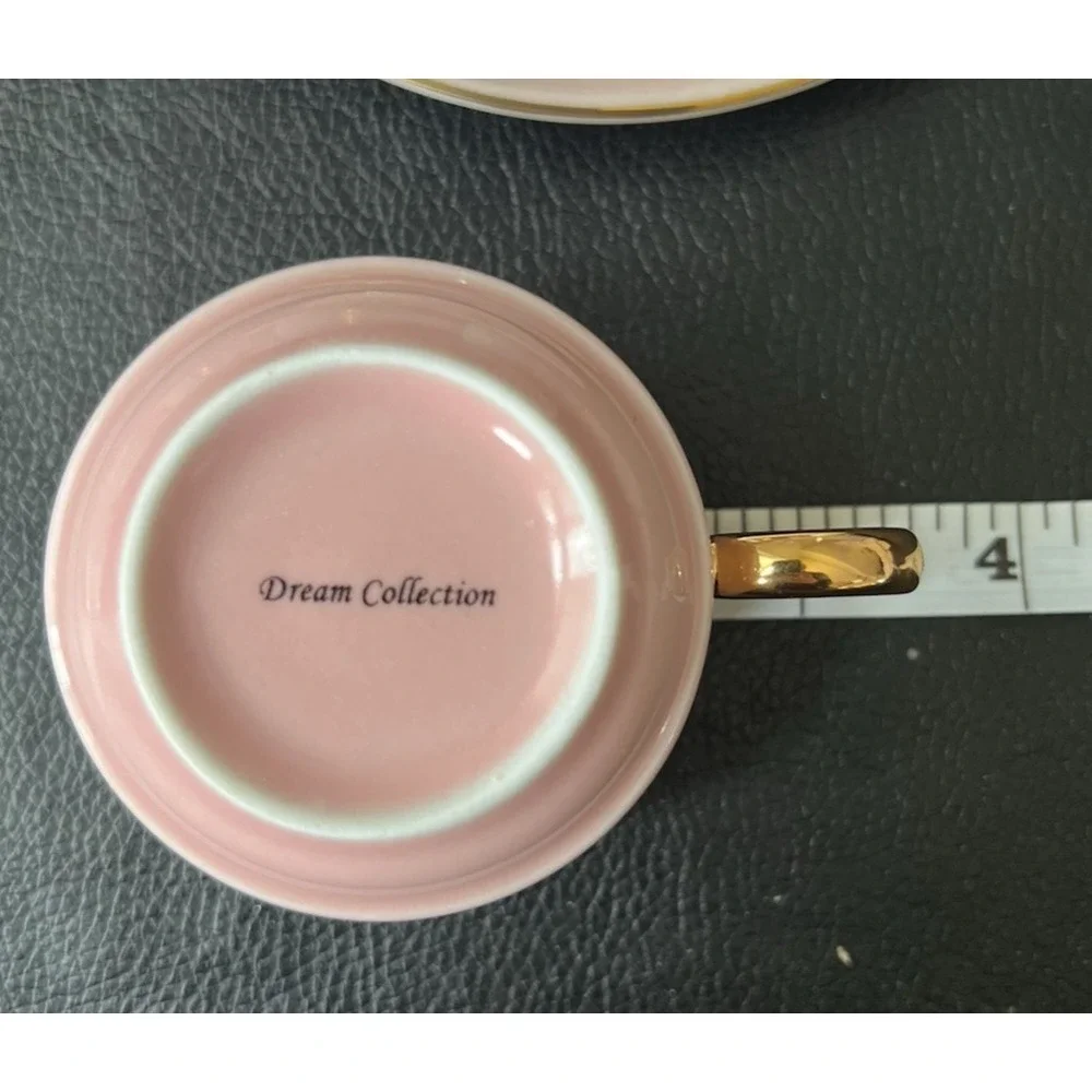 6 Pc Espresso Cup Saucer Set w Rack Pastel Porcelain Gold Handle 2.5in Rare Find